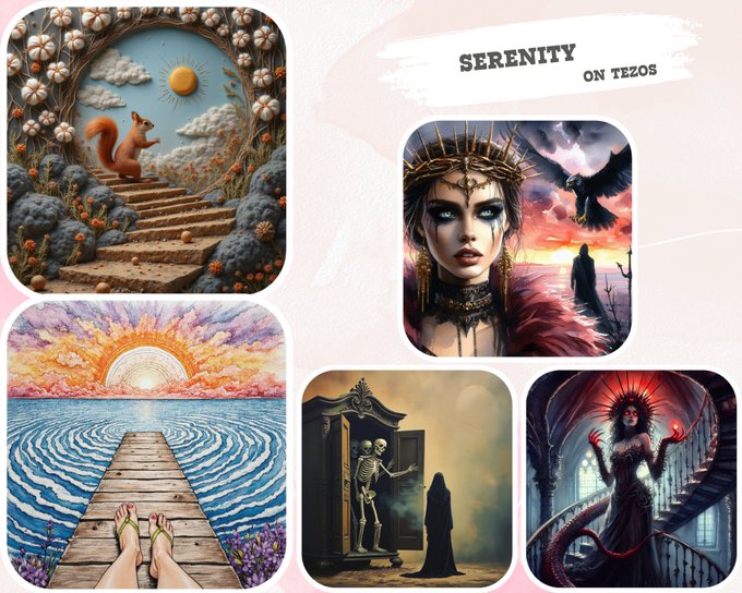 Promotional graphic titled 'SERENITY ON TEZOS' showcasing five AI-generated fantasy and nature illustrations including a squirrel on stairs, a crowned woman with a raven, a sunset pier, a cloaked figure before a skeleton, and a red serpentine being.