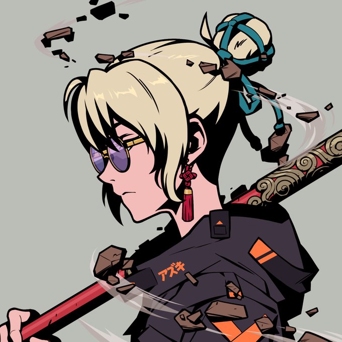 A blonde female anime character wearing purple sunglasses, red tassel earrings, and a dark outfit with "アズキ" (Azuki) written on the chest, is shown in profile while holding a red-handled weapon amid flying debris. The image relates to the post as it depicts the Azuki NFT artwork the author purchased, with the character's blonde hair and styled bun reflecting the appearance of his daughters.