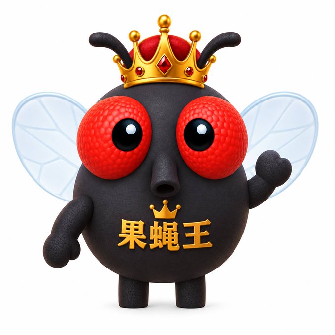 A 3D-rendered cartoon character of a black fly with large red eyes, transparent wings, and a gold crown, with Chinese text '果蝇王' (Fruit Fly King) on its belly.