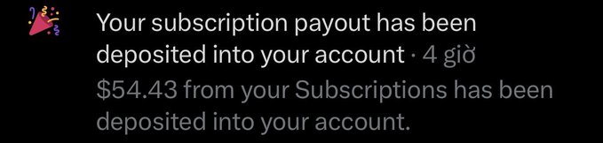 A notification shows a subscription payout of $54.43 has been deposited into the user's account, celebrating their success in finally receiving payment after three consecutive times falling below the threshold.