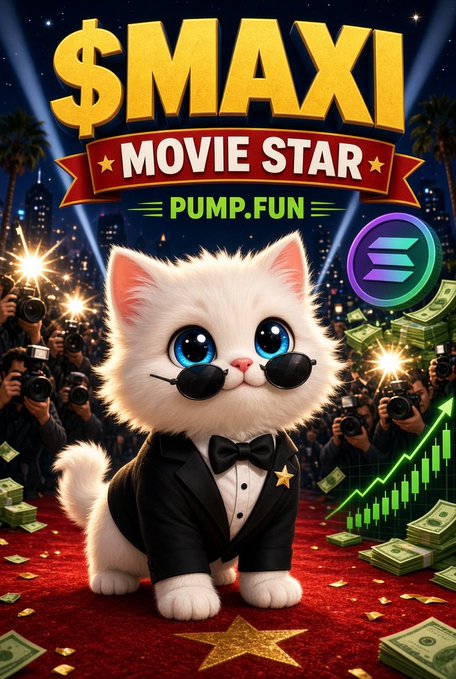 A digital poster titled '$MAXI MOVIE STAR PUMP.FUN' featuring a fluffy white kitten in a black tuxedo and sunglasses walking a red carpet, surrounded by photographers, money, and a rising green graph.