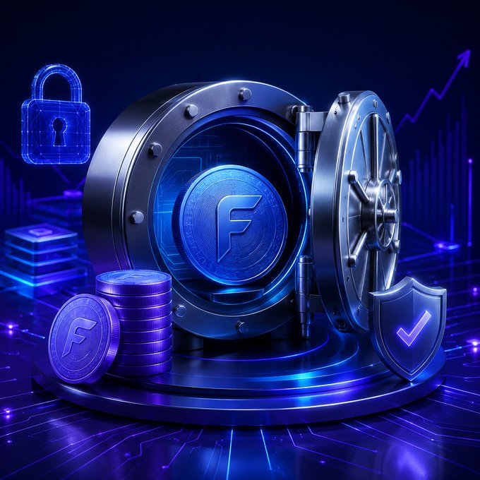 A glowing blue vault showcases a coin marked "F" alongside stacked tokens, a shield with a checkmark, and a holographic padlock, visually reinforcing FaucetPay's promotion of 0% withdrawal fees for locking up FEY cryptocurrency. The secure imagery directly mirrors the post's message that locking more FEY unlocks greater benefits.