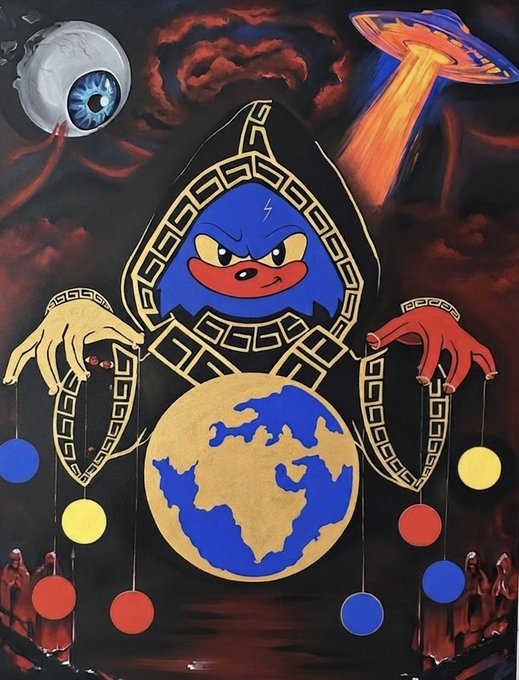 A surreal painting featuring a blue hooded figure manipulating marionette strings attached to colored balls, with an eyeball, UFO, and Earth visible against a dark red sky.