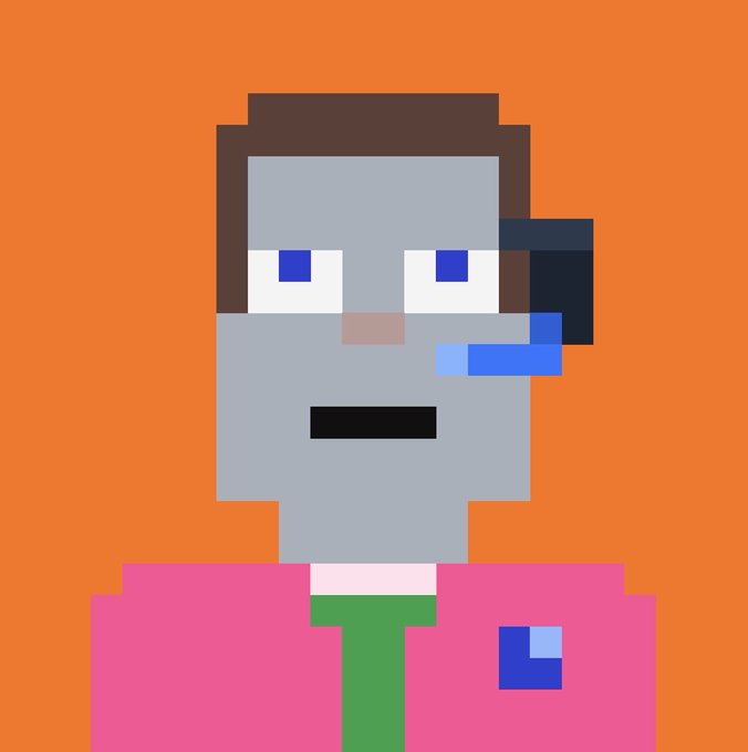 A pixelated avatar of a gray-skinned character with brown hair, wearing a pink shirt, green tie, and a headset, set against an orange background. The retro-style image complements the post's reference to "Stonkbrokers" as a distinctive mascot tied to crypto investing.