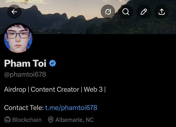 A Twitter/X profile for Pham Toi (@phamtoi678), a verified user describing themselves as 'Airdrop | Content Creator | Web 3' based in Albemarle, NC, with Telegram contact t.me/phamtoi678.