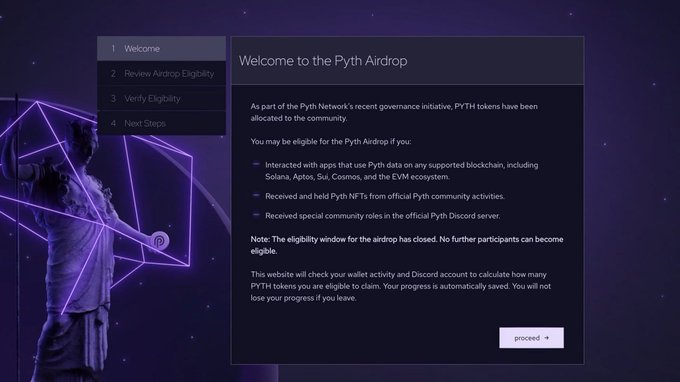 A 'Welcome to the Pyth Airdrop' webpage with a 4-step navigation menu (Welcome, Review Airdrop Eligibility, Verify Eligibility, Next Steps) and details about PYTH token eligibility, noting the eligibility window has closed.
