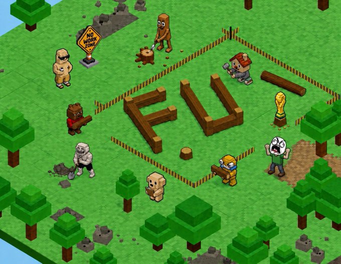 The image features a cartoon-like scene with various small figures standing around in a grassy area, possibly representing different characters or creatures from a video game. The text "FIU" is prominently displayed among these figures, suggesting that they are part of a meme community or a gaming group. The post also mentions the idea of @CoinComms by @Pumpfun to have a better alternative for X communities, which implies that there might be multiple groups with similar names in this context.