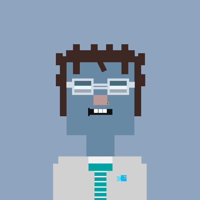 A pixel art portrait of a person with brown hair, glasses, a white shirt, and a teal tie against a light blue background.