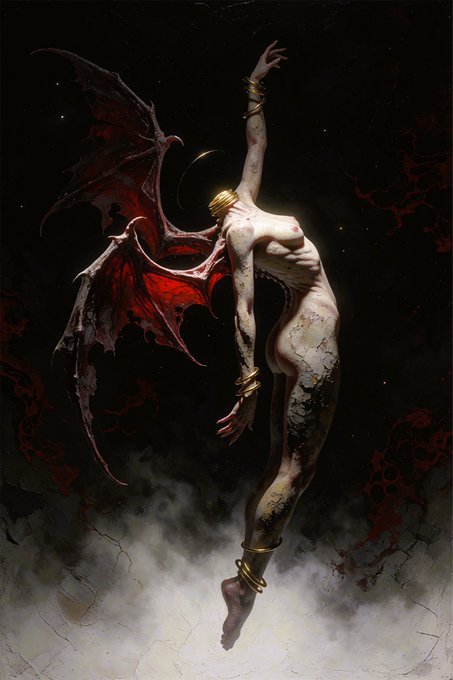 A surreal digital artwork titled "Oath of Fall" depicting a pale, winged figure with golden shackles falling through a dark, misty void. The imagery of a descending, bound being visually interprets the accompanying text regarding souls losing their way back from heaven.