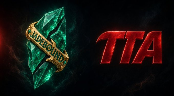 A logo featuring a green crystal wrapped in a golden banner reading 'JADEBOUND' next to the red metallic letters 'TTA' against a dark background.