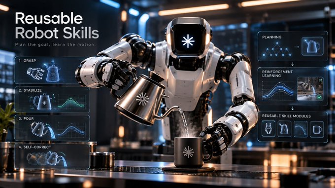 A promotional graphic for AXIS ROBOTICS titled 'Reusable Robot Skills,' displaying a robot pouring liquid, with side panels listing '1. GRASP, 2. STABILIZE, 3. POUR, 4. SELF-CORRECT' and 'PLANNING' and 'REINFORCEMENT LEARNING' workflows.