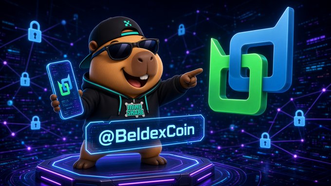 A cartoon capybara wearing sunglasses and a hoodie holds a phone while pointing at the BChat logo, with "@BeldexCoin" displayed on a holographic sign, surrounded by floating padlock icons. The image visually reinforces the post's theme of secure yet cumbersome BChat IDs by showcasing Beldex's privacy-focused branding and platform.
