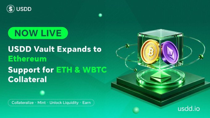 A promotional graphic for USDD cryptocurrency announcing 'NOW LIVE: USDD Vault Expands to Ethereum Support for ETH & WBTC Collateral', showing 3D rendered crypto coins in a glass display.
