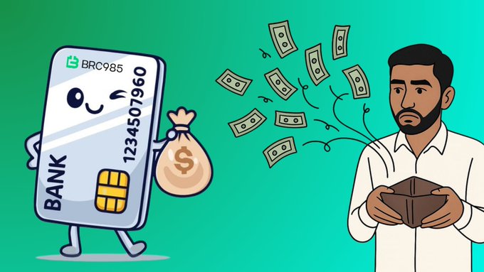 The image shows a man standing next to a cartoon character who appears to be a bank card or credit card holder with money attached to its arm. The man seems to be holding an open wallet, which could indicate that he has just received some cash in his pocket. In the background of the image, there is a green color that gives it a lively and vibrant appearance. It appears to be related to the post about Bitcoin's creator economy, with a focus on its future and economy.