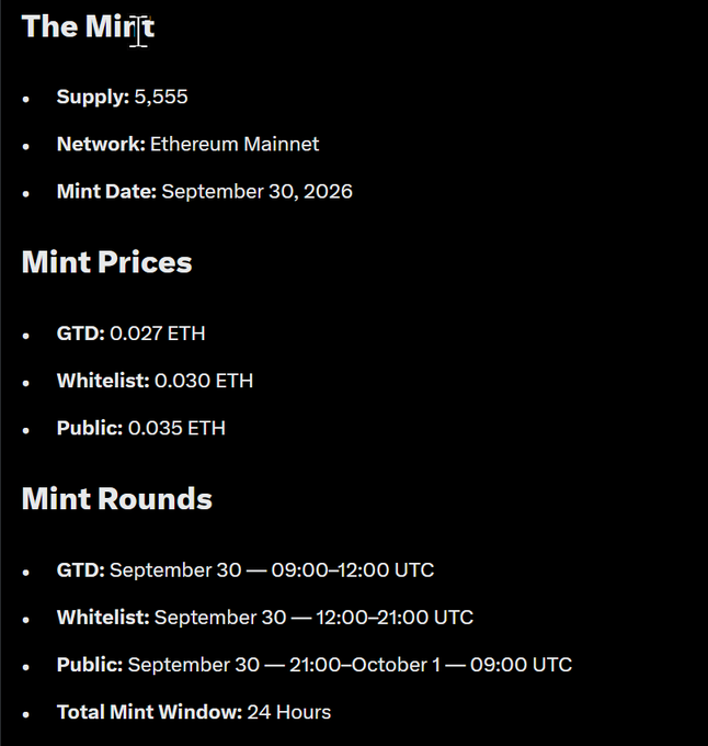 A black background with white text detailing NFT mint information for 'The Mint', including a supply of 5,555 on Ethereum Mainnet, with mint prices listed in ETH and rounds scheduled for September 30.