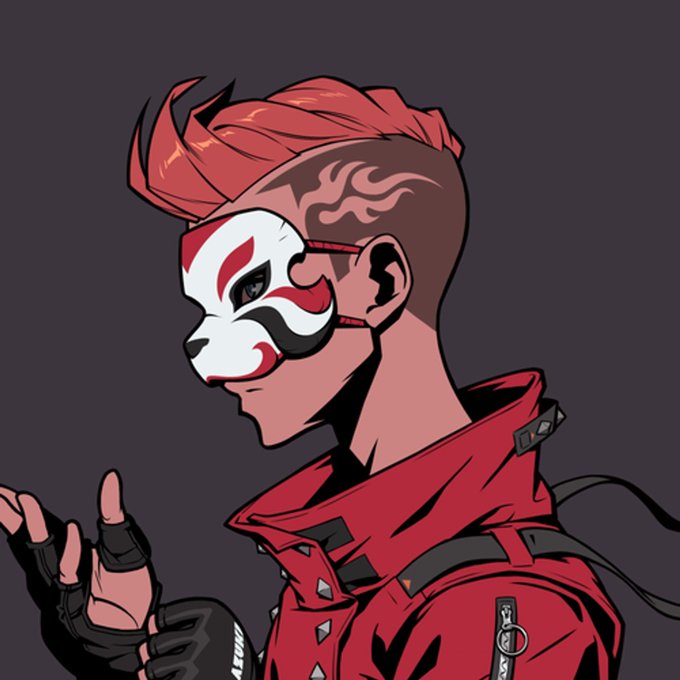 A stylized digital illustration of a person with red hair in profile, wearing a white mask with red markings, and a red spiked jacket with a chain.
