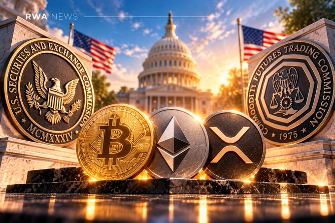 A news graphic from 'RWA News' showing Bitcoin, Ethereum, and XRP coins in front of the U.S. Capitol, with the SEC seal on the left and Commodity Futures Trading Commission seal on the right.