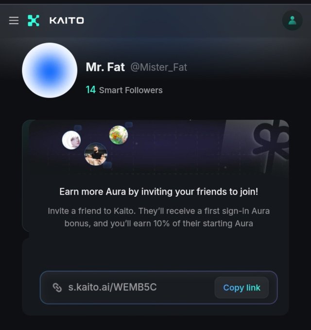 A KAITO profile page for 'Mr. Fat @Mister_Fat' showing 14 Smart Followers and a referral link s.kaito.ai/WEMB5C with a prompt to 'Earn more Aura by inviting your friends to join!'
