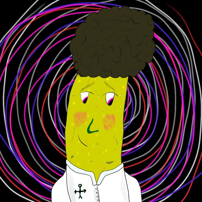 An illustration shows a yellow pickle-like character with brown curly hair, pink cheeks, and a white shirt featuring an anchor symbol, set against a swirling black, pink, and purple background.
