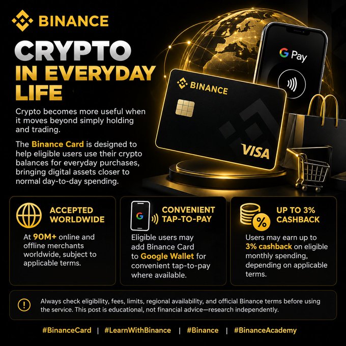 A promotional graphic for Binance titled 'CRYPTO IN EVERYDAY LIFE' advertising a Binance Visa card with up to 3% cashback accepted worldwide.