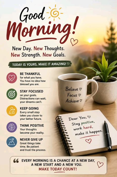 A 'Good Morning!' inspirational poster listing affirmations like Be Thankful, Stay Focused, Keep Going, Think Positive, and Never Give Up, alongside a coffee mug reading 'Believe Focus Achieve'.