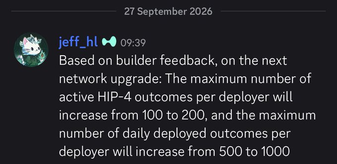 A Discord message from user "jeff_hl" dated 27 September 2026 announces a Hyperliquid network upgrade, increasing the maximum active HIP-4 outcomes per deployer from 100 to 200 and daily deployed outcomes per deployer from 500 to 1000.