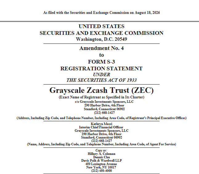 The cover page of an SEC Form S-3 Registration Statement (Amendment No. 4) for Grayscale Zcash Trust (ZEC), filed on August 18, 2026, listing Grayscale Investments Sponsors, LLC as the registrant.