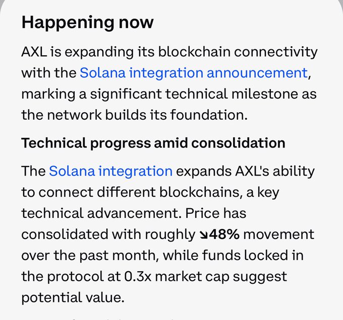 The image shows a white background with black text that reads "Hoping now" followed by an announcement about the integration of Solana's blockchain technology, which is expanding its connectivity with the Solana Integration Announcement. The text also mentions technical progress amid consolidations and the potential value of Ripple partner AXL joining Solana I told you the man 4 for the institutions.