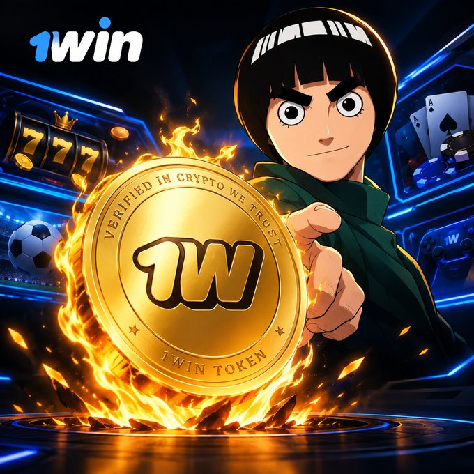 An anime-style character with a headband points toward the viewer alongside a flaming gold coin labeled '1WIN TOKEN' with the inscription 'VERIFIED IN CRYPTO WE TRUST.' The '1win' logo appears in the top-left corner against a background featuring a slot machine, soccer ball, and playing cards.