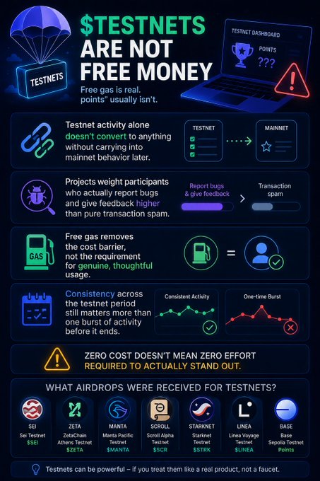 An infographic titled '$TESTNETS ARE NOT FREE MONEY' discussing how testnet activity, bug reporting, and genuine usage contribute to airdrop eligibility, listing projects like SEI, ZETA, MANTA, and others.