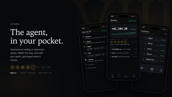 An advertisement for 'ARETERNA' reading 'The agent, in your pocket.', promoting autonomous trading on tokenized stocks, displaying mockups of mobile screens showing stock data.
