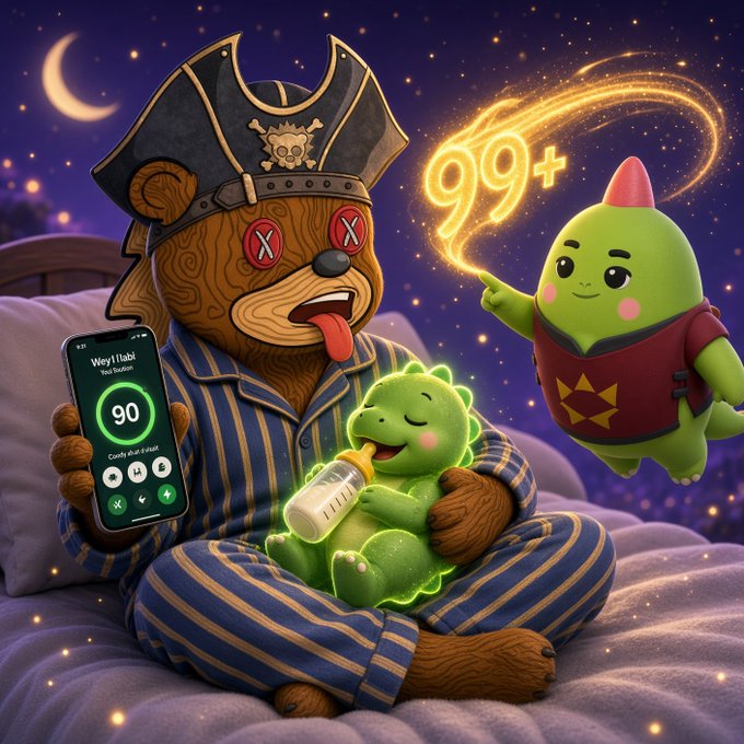A surreal digital illustration of a teddy bear pirate in pajamas holding a glowing green baby dinosaur and a phone showing "90" on its screen, while a green dinosaur-like character with horns conjures a glowing "99+" in a starry night sky.