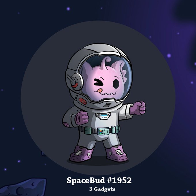 Digital collectible illustration of 'SpaceBud #1952', a purple alien character in an astronaut suit with 3 Gadgets, set against a starry space background.