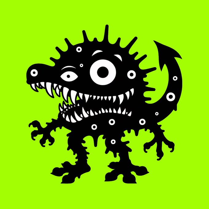 A black cartoonish monster illustration with multiple eyes, sharp teeth, claws, and dripping features set against a bright lime green background.