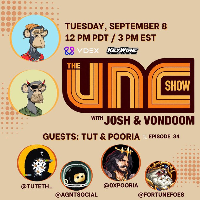 A promotional graphic for 'THE UMC SHOW with JOSH & VONDOOM' on Tuesday, September 8, featuring cartoon monkey hosts and guests including @TUTETH_, @AGNTSOCIAL, @OXPOORIA, and @FORTUNEFOES.