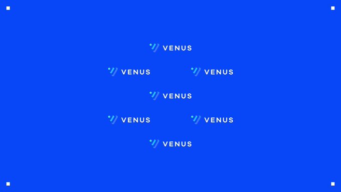 The image features a blue square graphic design that includes the words "VENUS" written in white letters, along with the word "VENUS" repeated multiple times throughout the design. The text is positioned at the bottom of the image, making it stand out against the blue background. The overall layout and color scheme create an eye-catching and memorable logo for the DeFi project.