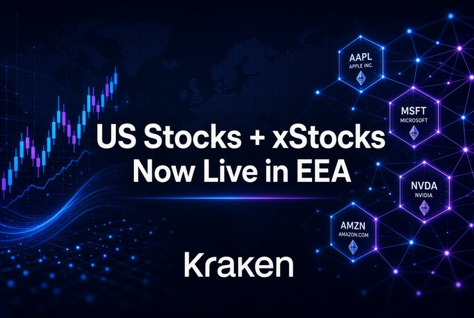 The image is a Kraken promotional graphic featuring a dark blue background with a stock chart and network-style nodes, displaying tickers AAPL, MSFT, NVDA, and AMZN alongside the text "US Stocks + xStocks Now Live in EEA" and the Kraken logo. It visually supports the announcement that Kraken has launched access for European users to trade US stocks and tokenized xStocks within the same platform.
