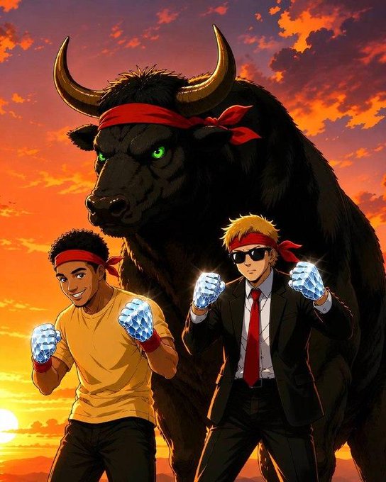 An anime-style illustration of two characters wearing red headbands and crystal/diamond gloves, standing in front of a massive black bull with green eyes against a dramatic orange sunset sky.