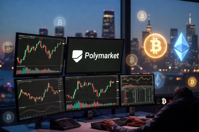 The image shows a man using a computer at home while sitting at his desk, with monitors displaying stock price data for Bitcoin and Ether. The monitor on the left displays Bitcoin, the one next to Ether has its display on as well. A keyboard is located in front of him, and he is typing something into it. 
In addition to the screens of various devices, there are some icons floating above them. One of these icons represents Polymarket, while others depict Bitcoin, Ether, or a person's face. The scene appears to be set within an urban environment with several buildings visible in the background, creating a sense of depth and atmosphere. A window can also be seen, possibly offering a view of the city outside. This image captures both the technological aspect of real-time stock data and the human element of the person working on the computer.