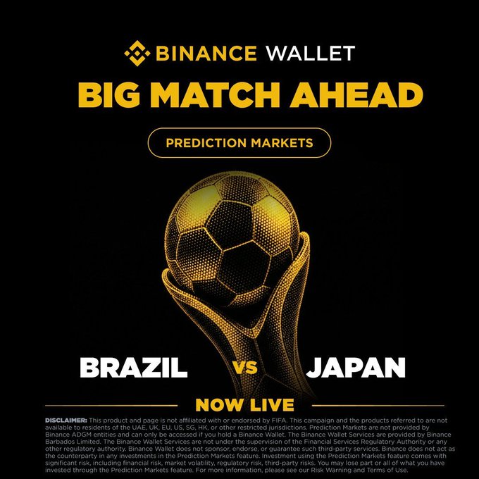 A Binance Wallet promotional graphic featuring a golden soccer ball atop a trophy against a black background, with the text "BIG MATCH AHEAD" and "PREDICTION MARKETS" highlighting the "BRAZIL VS JAPAN" matchup now live. The image visually supports the post's announcement of a prediction market trading campaign for the Brazil vs. Japan football match on Binance Wallet.