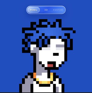 A pixel art avatar of a person with messy black hair, sunglasses, and a gold chain on a blue background, with tabs for 'PIXEL', '3D', and 'AVATAR' at the top.