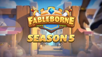 The image shows the logo for "FABLEBORNE" with the text "SEASONS 5" below it, promoting the game's fifth season. The accompanying post critiques Season 5's payout distribution, claiming that 84.4% of rewards went to only three organizations, highlighting concerns about fairness in the tournament's reward structure.