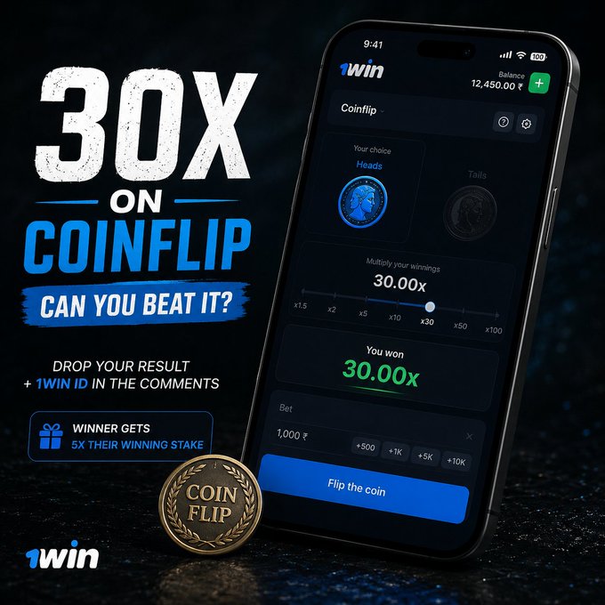 A promotional image for 1win's coinflip game featuring '30X ON COINFLIP CAN YOU BEAT IT?', 'DROP YOUR RESULT + 1WIN ID IN THE COMMENTS', 'WINNER GETS 5X THEIR WINNING STAKE', and a phone screen showing a 30.00x coin flip result.