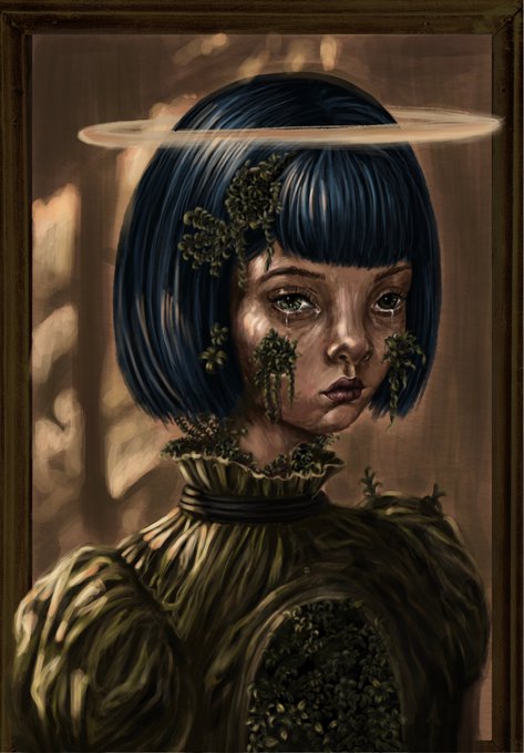 A surreal portrait painting of a girl with dark blue hair and a halo, featuring mossy, plant-like textures growing on her cheeks, with a small figure resting on her green, leaf-covered shoulder.