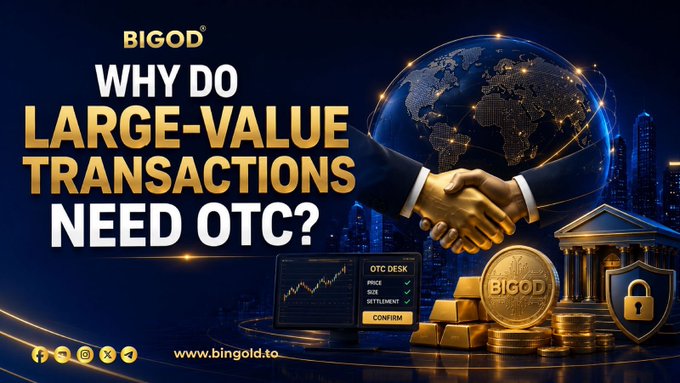 An advertisement for BiGold asking 'WHY DO LARGE-VALUE TRANSACTIONS NEED OTC?', featuring a handshake, globe, gold coins, and an OTC desk interface with the URL www.bingold.to.