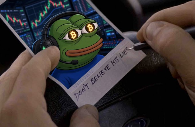 A person holds a printed Polaroid-style photo of the Pepe the Frog meme wearing headphones with Bitcoin (₿) symbols on its eyes, set against a backdrop of trading charts. Using a black marker, they write the message **"DON'T BELIEVE HIS LIES"** on the photo's caption area.

The image humorously ties into the post's context: the author is defending themselves against accusations of "nuking" BTC (Bitcoin), humorously dismissing critics as "liars" by overlaying the Pepe meme—often used online to mock bad-faith arguments—with the defiant caption, while the trading charts behind Pepe hint at the market volatility at the center of the dispute.