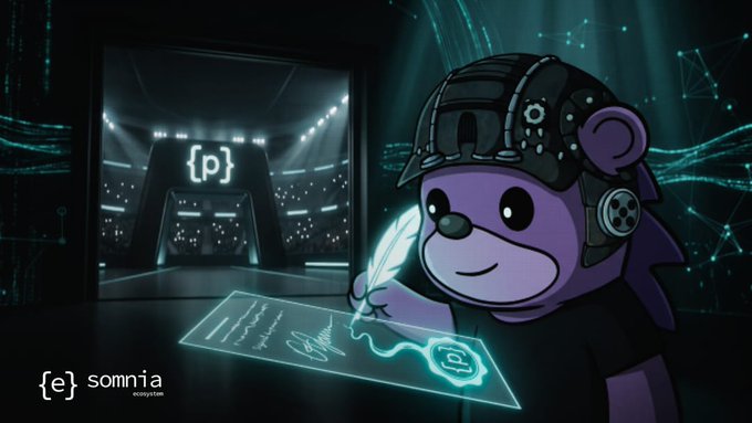 A purple cartoon bear wearing a black cap and headphones holds a glowing quill signing a digital document, with '{e} somnia ecosystem' text at the bottom left.