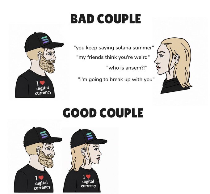 The image shows two cartoon characters, a man with a beard wearing a black shirt and a blonde woman wearing a black hat. They are standing next to each other against a white background. The caption of the image reads "Bad Couple" on one side and "Good Couple" on the other side.
