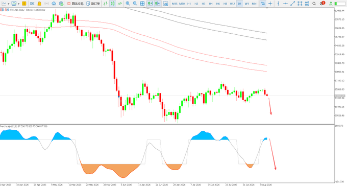 A BTC/USD daily candlestick chart on US Dollar shows a steep recent decline from the ~$70,000 range, with a Trendpulse indicator below confirming a bearish reversal as the histogram has flipped deeply negative, visually supporting the post's warning that Bitcoin has topped out on the daily timeframe.