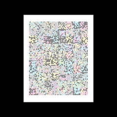 A digital or generative art piece appears as a complex, densely packed grid of small colorful pixels or characters in pastel hues of blue, pink, green, and purple against a white background.